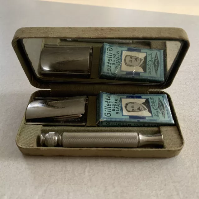 Vintage Gillette 1932 Canada Patent Safety Razor Set in Military Khaki Case