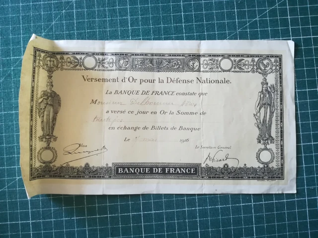 vq260 30frcs gold payment for national defense 1916 Mr. Delhomme