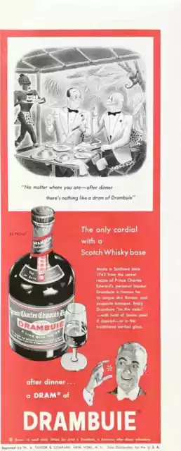 1953 Drambuie Scotch Whisky Liqueur PRINT AD Gentlemen Dinner in Africa Cartoon