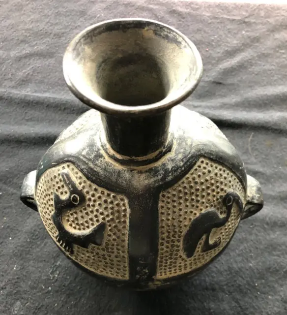 Black Pottery Chimu Figural Vessel Blackware Jug Jar Primitive Pelican Duck Art