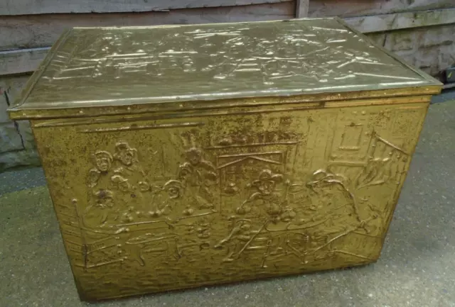 Vintage Embossed Brass and Wood Coal Box Log Kindling Tavern scene hinged lid