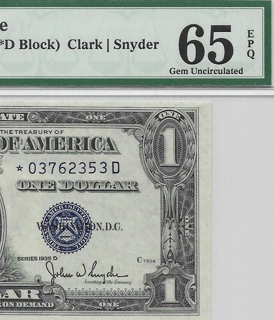 1935D $1 *STAR* ⭐️ SILVER CERTIFICATE. PMG Gem Uncirculated 65 EPQ. 18 Subject.