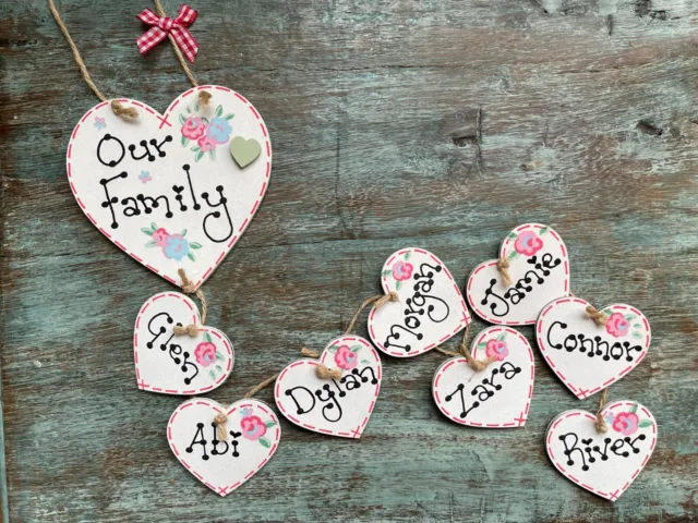 Personalised Our Family Name Plaque Handmade Hanging Heart Gift Home Shabby Sign