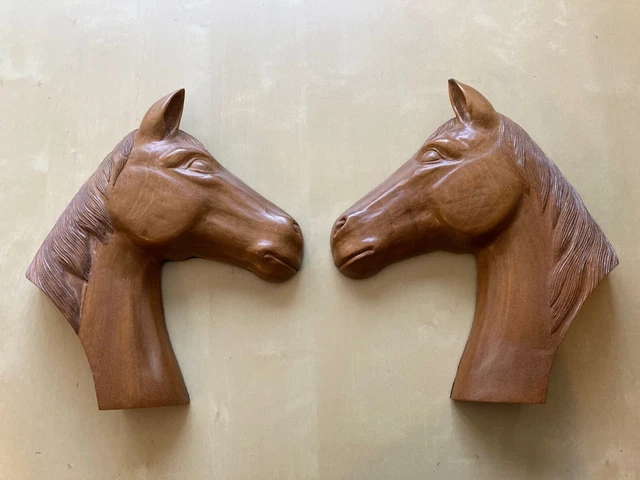 Pair of Unique wooden hand carved Horse head wall plaques.