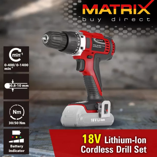 NEW MATRIX 18V Cordless Drill Kit Lithium Rechargable Battery Charger Power Tool