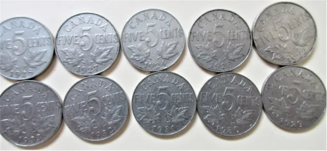 Set of 1922 to 1933  Canada Five Cents Nickels Coins. 5 Cents 5c