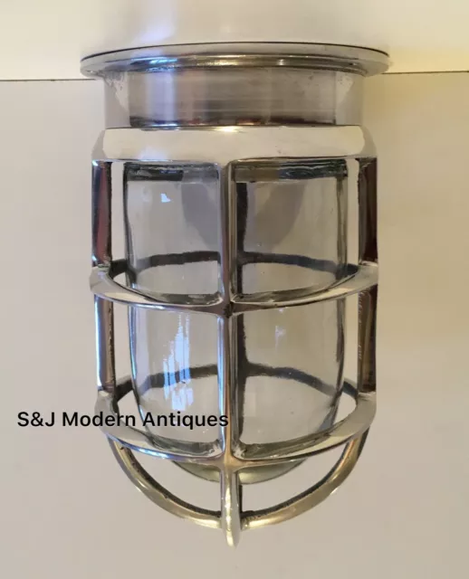 Industrial Wall Ceiling Cage Light Bulkhead Silver Marine Aluminium Nautical Old