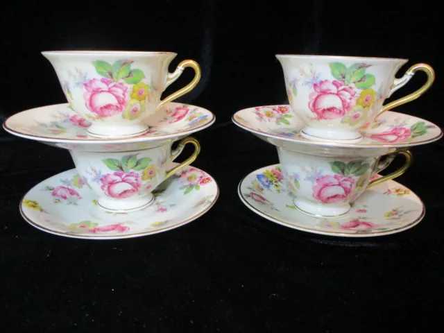 Rosenthal Ivory Sunray Multicolored Flowers 4 Demitasse Footed Cups & Saucers