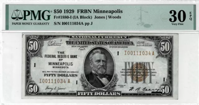 1929 $50 Federal Reserve Bank note--fr.1880-I (Minneapolis) PMG VF 30 EPQ