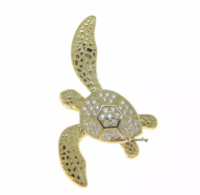 Yellow Gold Solid 925 Silver Hawaiian Swimming Sea Turtle Slide Pendant Cz