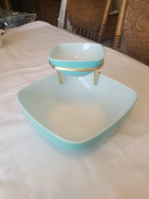 Vintage Turquoise Pyrex 025/410 Square Chip And Dip Set Excellent Rare New MCM