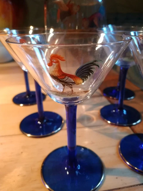 Vintage Cocktail Glasses & Glass Shaker Set with Hand-painted Cockerel/Rooster