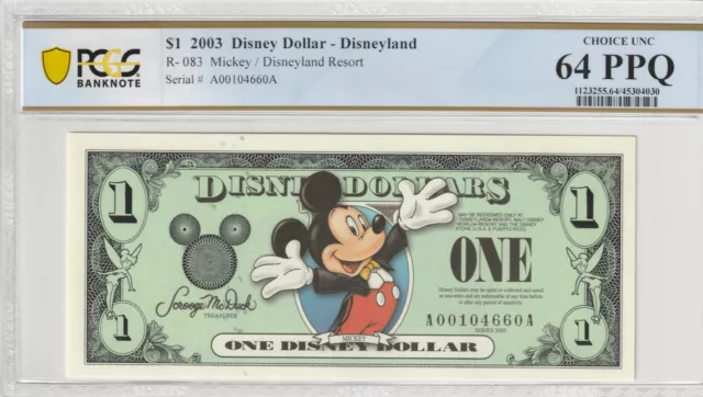 Disney Dollar 2003 Certified PCGS Banknote UNC 64 PPQ Mickey