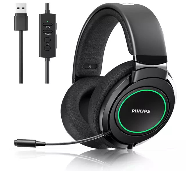 PHILIPS Wired Gaming Headset Recording USB Computer RGB Headphones with Mic LED