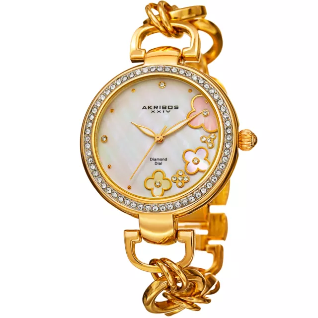 Women's Akribos XXIV AK874YG Mother of Pearl Flower Design Dial Chain Link Watch