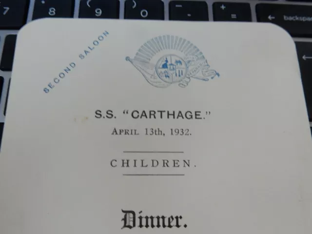 P&O    SS CARTHAGE   13 APR 1932   MENU   MARKED      10 X 17 Cm