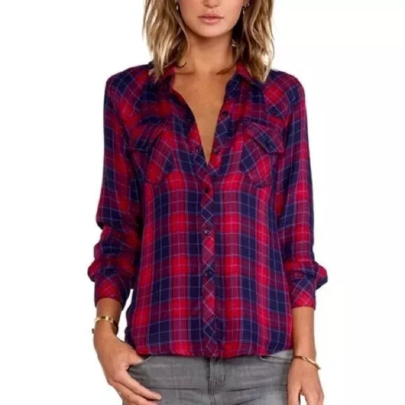 Rails Kendra Red Navy Blue Plaid Button Up Shirt Gauze Rayon Womens Small