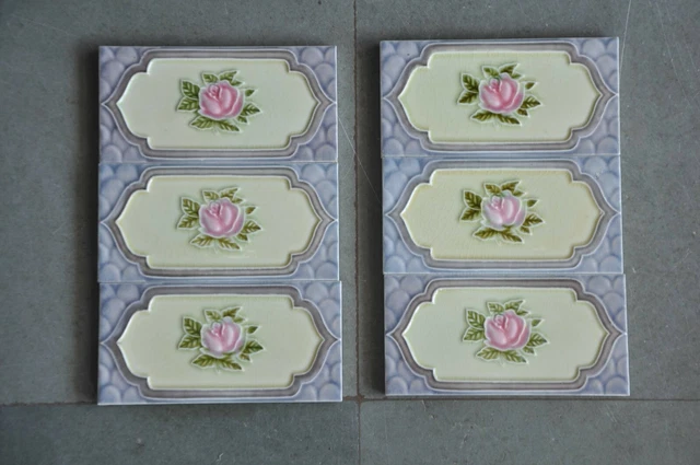 6 Pc Vintage Majolica Decorative Flower Art Nouveau Architecture Tiles,Japan 3