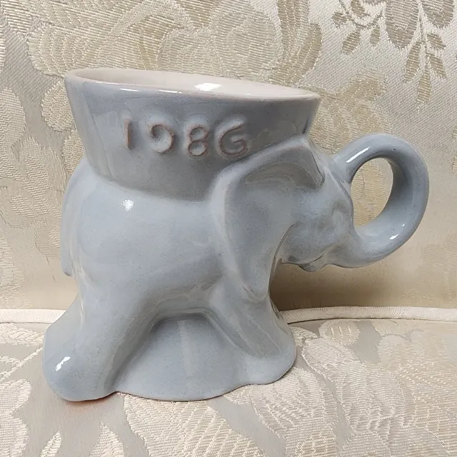 1986 Frankoma Pottery Elephant Mug Republican GOP Gray Blue