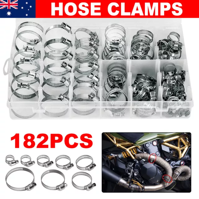 182X Stainless Steel Hose Clamps Clips Adjustable Worm Gear Pipe Clamp Kit Set