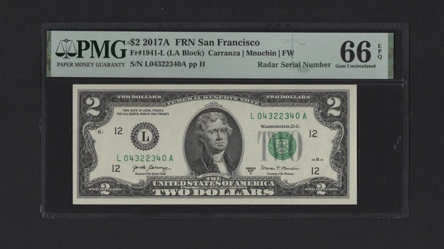 RADAR SERIAL NUMBER FRN San Francisco $2 2017 A PMG Gem UNC 66 EPQ