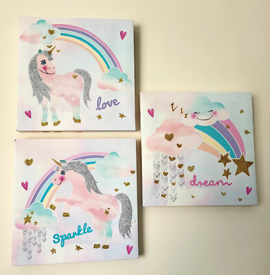 Ragazze Bambino Unicorno Arcobaleni tela Glitter Set di 3 camere da letto Wall Decor Art 