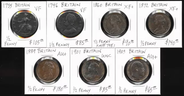 💥 7 British Halfpennies (1735-1903) 💥 !! Super Lot Must See !!⚡️ No Reserve ⚡️