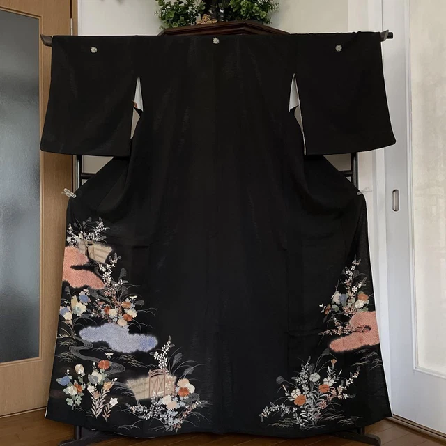Montsuki Tomesode Kimono Japan Summer Black Tomesode Embroidery Shibori Antique