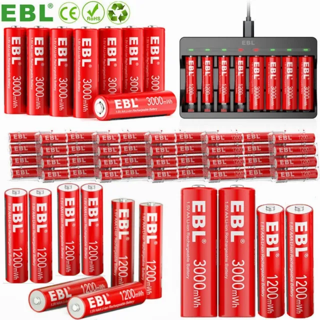 EBL 1,5V wiederaufladbare AA AAA Lithium Li Ionen Batterien /Akkus ladegerät DE