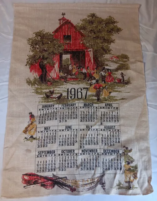 Vtg Linen Cloth Calendar 1967 Barn Dance  Farm Picnic Hanging Tea Towel READ