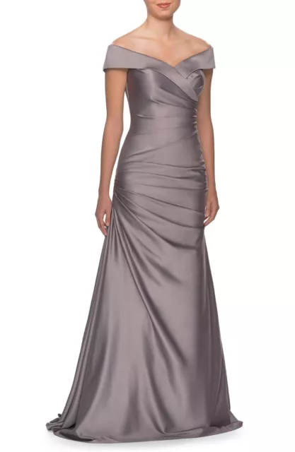 La Femme Off The Shoulder Ruched Satin Trumpet Gown, Size 2 6 12 10 - Metallic