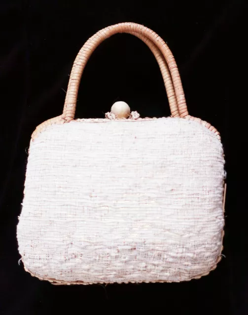 Kleine beige Handarbeit Stoff mit Vetiver Hand/Clutch Tasche Bambusgriffe 17cm