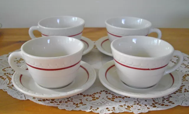 Vintage Syracuse China Railroad CARDINAL RED LINE Econo-Rim Teacups +Saucers SET