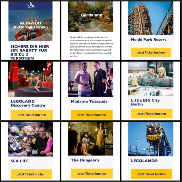 Gutschein 50%  Legoland, Heide Park, Gardaland Italien, Sea Life, Dungeons Merli