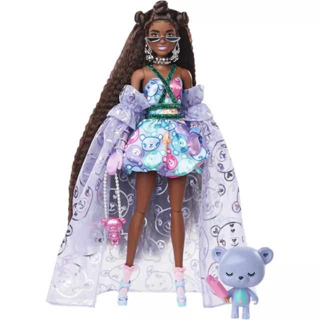 Barbie Extra Fancy Doll in Teddy-Print Gown with Sheer Teddy Bear Pet Long Hair