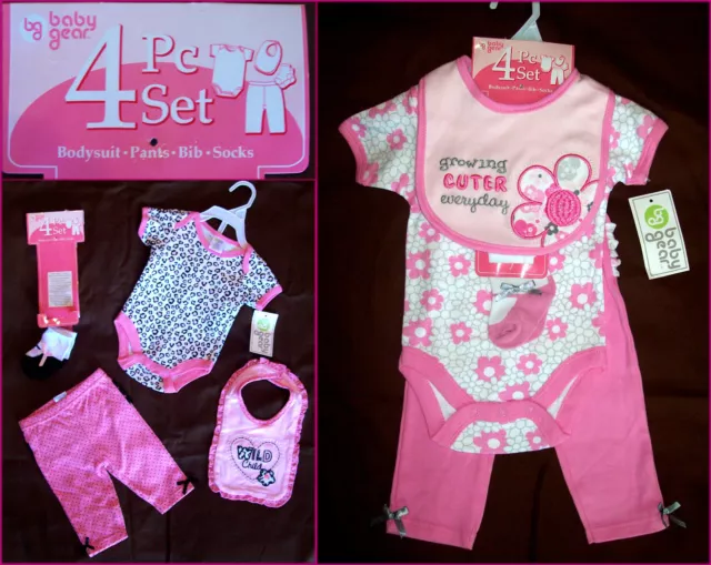 BABY 4 Pc GIFT SET - GIRLS ROMPER BodySuit with Bib Pink 0 -3,  3 - 6 mths New