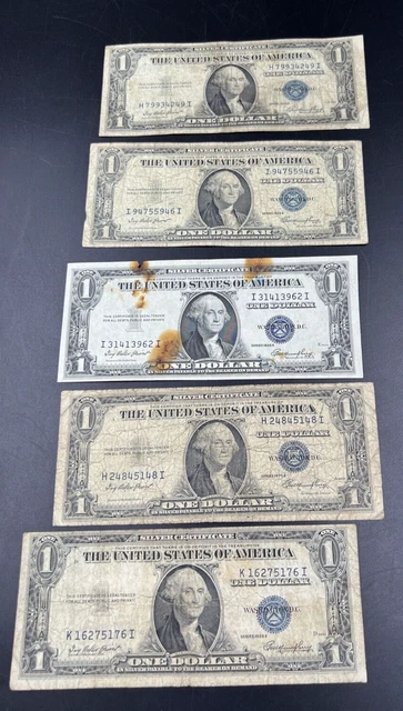 Lot of 5 1935 $1 Silver Certificate Blue Seal Bills Notes Very Circ #176