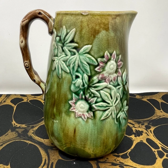 Antique Green & Brown Majolica Faux Bois Handle Pitcher With Flower Blossoms