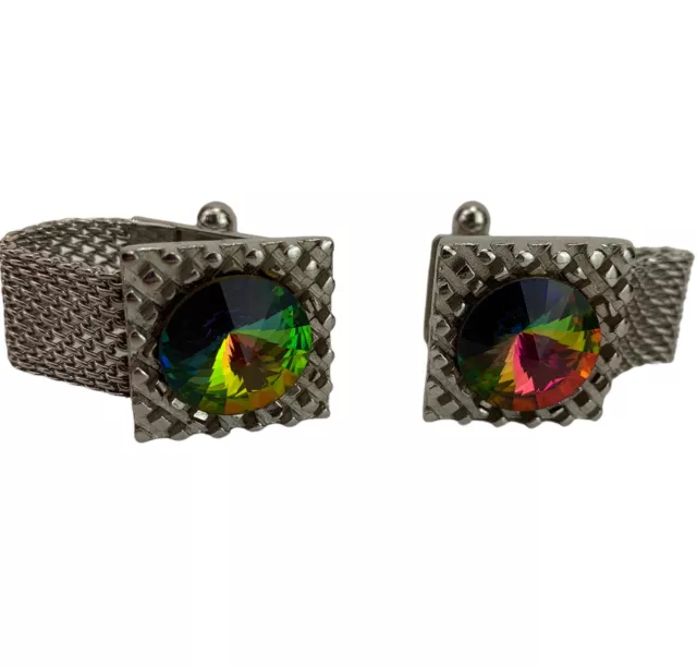 VTG 60s 70s Watermelon Rivoli Crystal Glass Wrap Around Cufflinks Silver Nugget