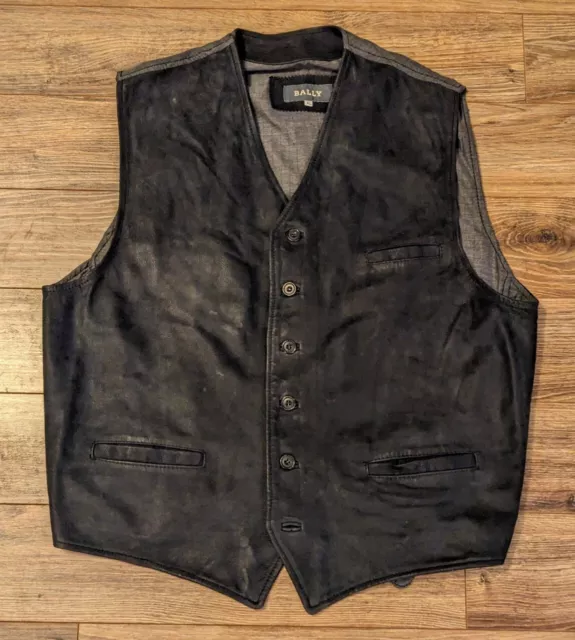 VTG Bally Black Leather Made In Italy Button Up Vest - XL Read!