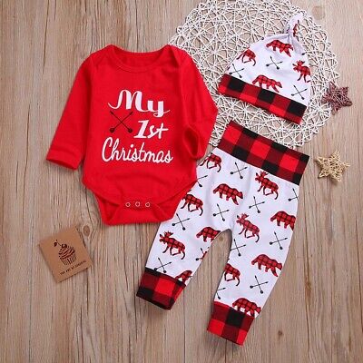 Newborn Baby Boys My First Christmas Outfits Romper Tops Pants Hat Set Clothes