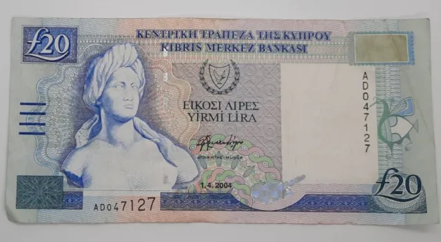 2004 - Central Bank Of Cyprus - £20 (Twenty) Lira /Pounds Banknote No. AD 047127