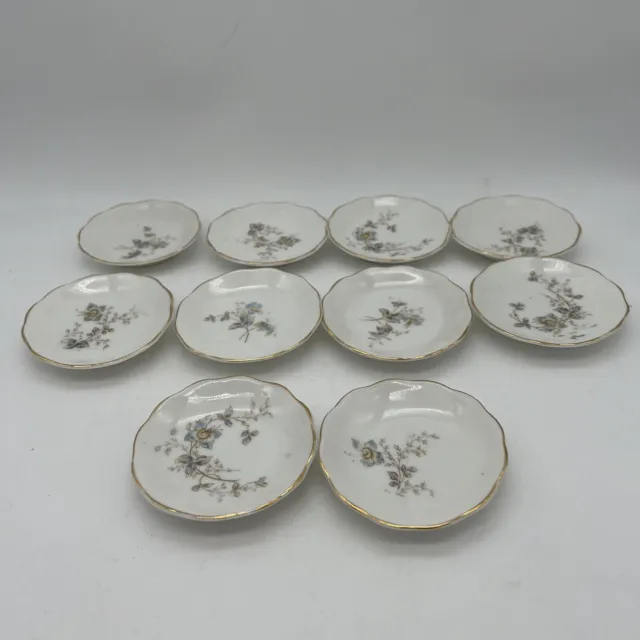 Ten Vintage Porcelain 3 inch Floral Butter Pats Gold Trim Unmarked