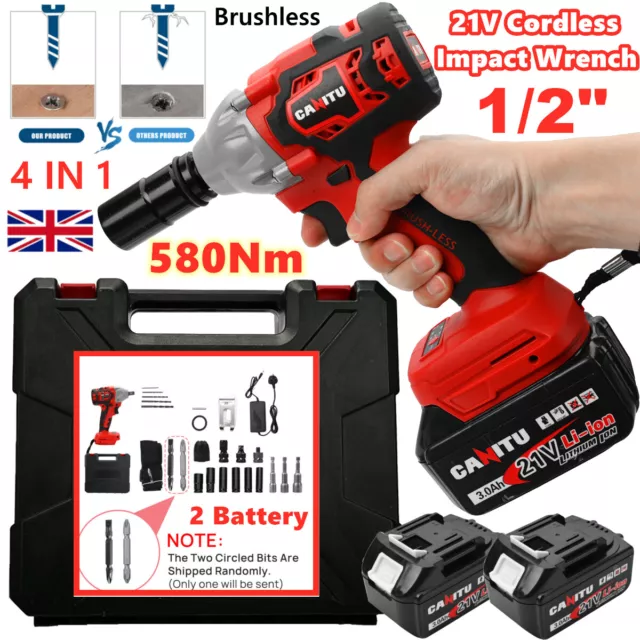 1/2" 580NM Brushless Impact Wrench Driver Cordless Li-Ion Battery Ratchet Driver