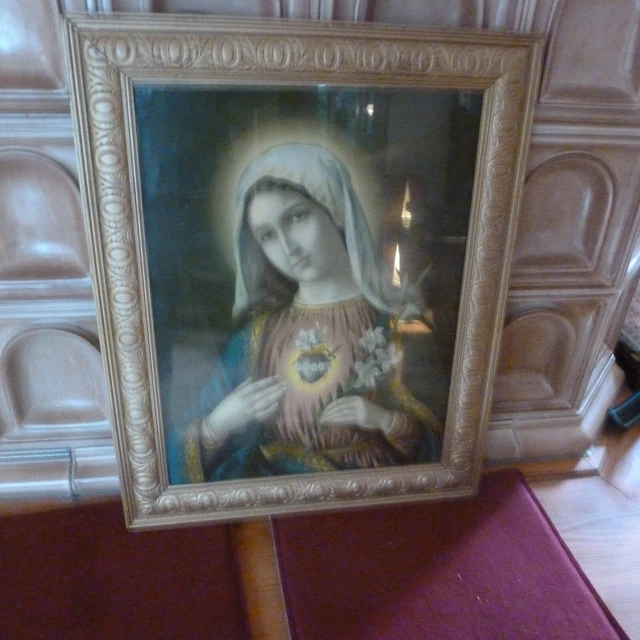 Altes Heiligenbild flammendes Herz MARIA  im Goldrahmen mit Glas