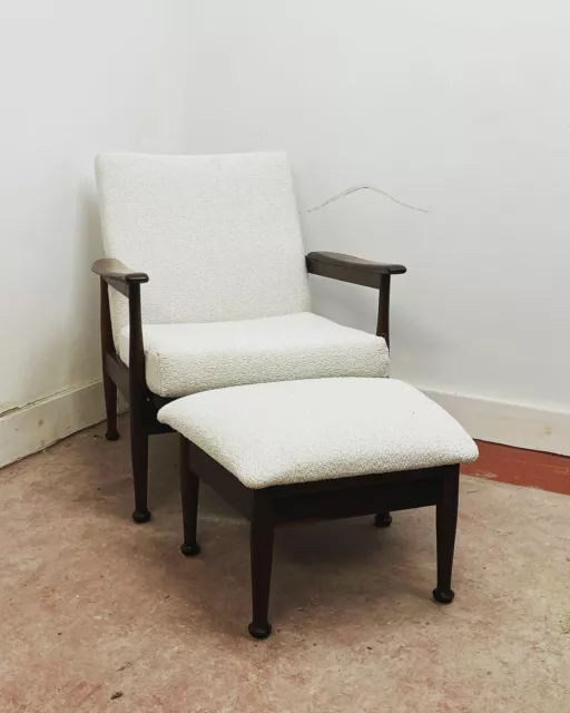 Mid Century Guy Rogers Manhattan Chair w/ Stool Boucle White Restored