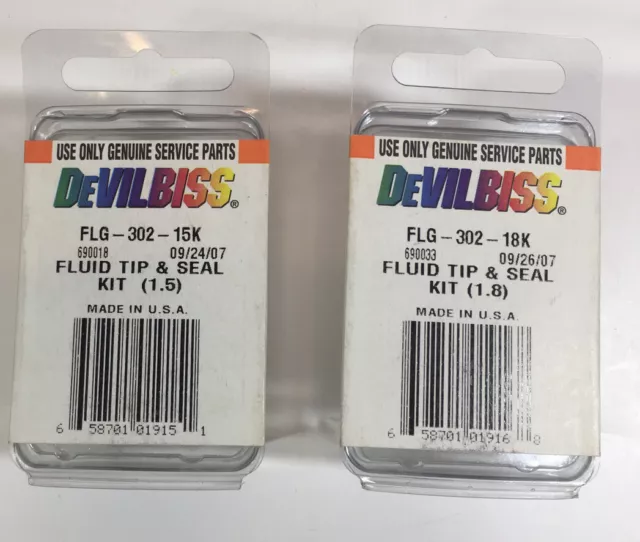 Lot Of 2 DeVILBISS FLG-302-18k, FLG-302-15k Fluid Tip & Seal Kits 1.5, 1.8mm NEW
