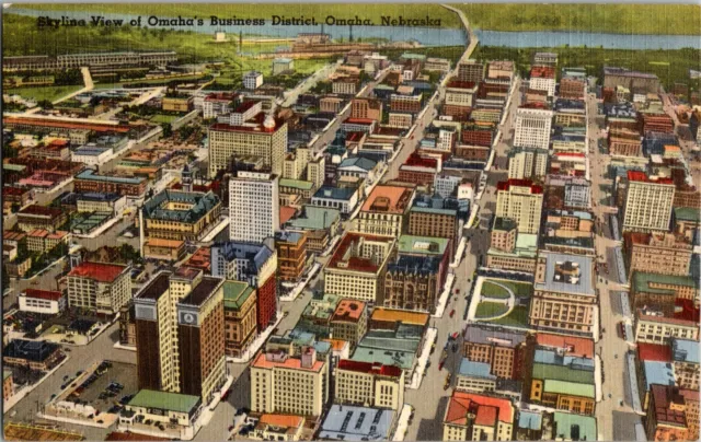 Postcard Skyline View of Omaha's Business District Omaha Nebraska Linen