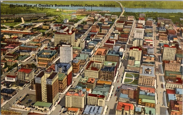 Postcard Skyline View of Omaha's Business District Omaha Nebraska Linen