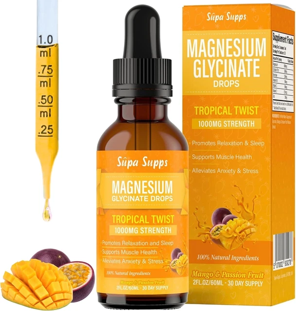 MAGNESIUM GLYCINATE LIQUID Drops 1000MG Mango & Passion Fruit 60Ml